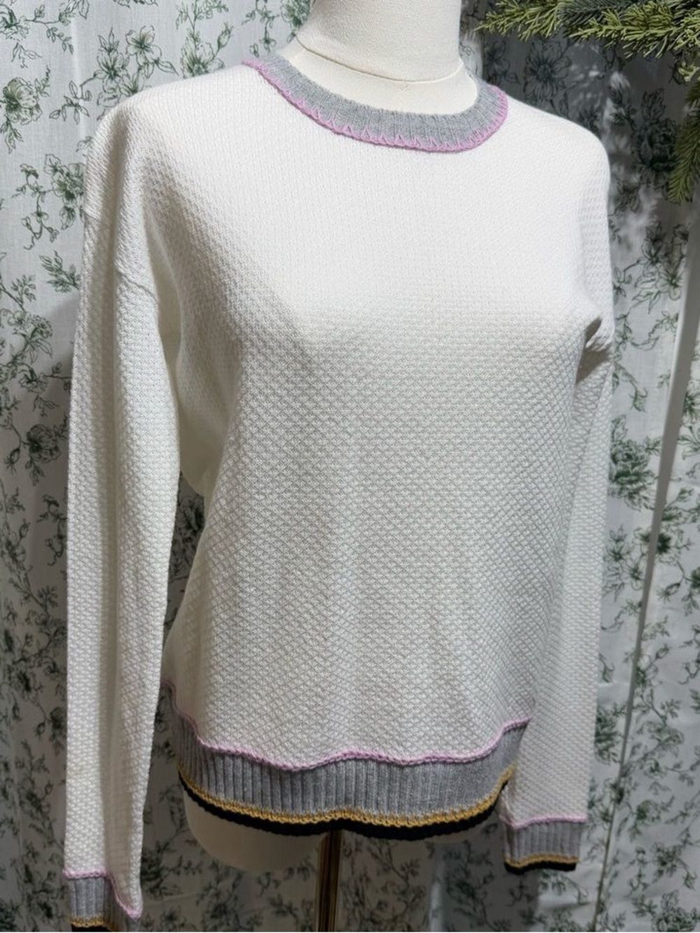Cream Long Sleeve Textured Crewneck Sweater with Gray and Pink Trim
